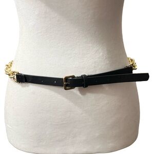 Black Faux Leather and Gold Chain Skinny Belt